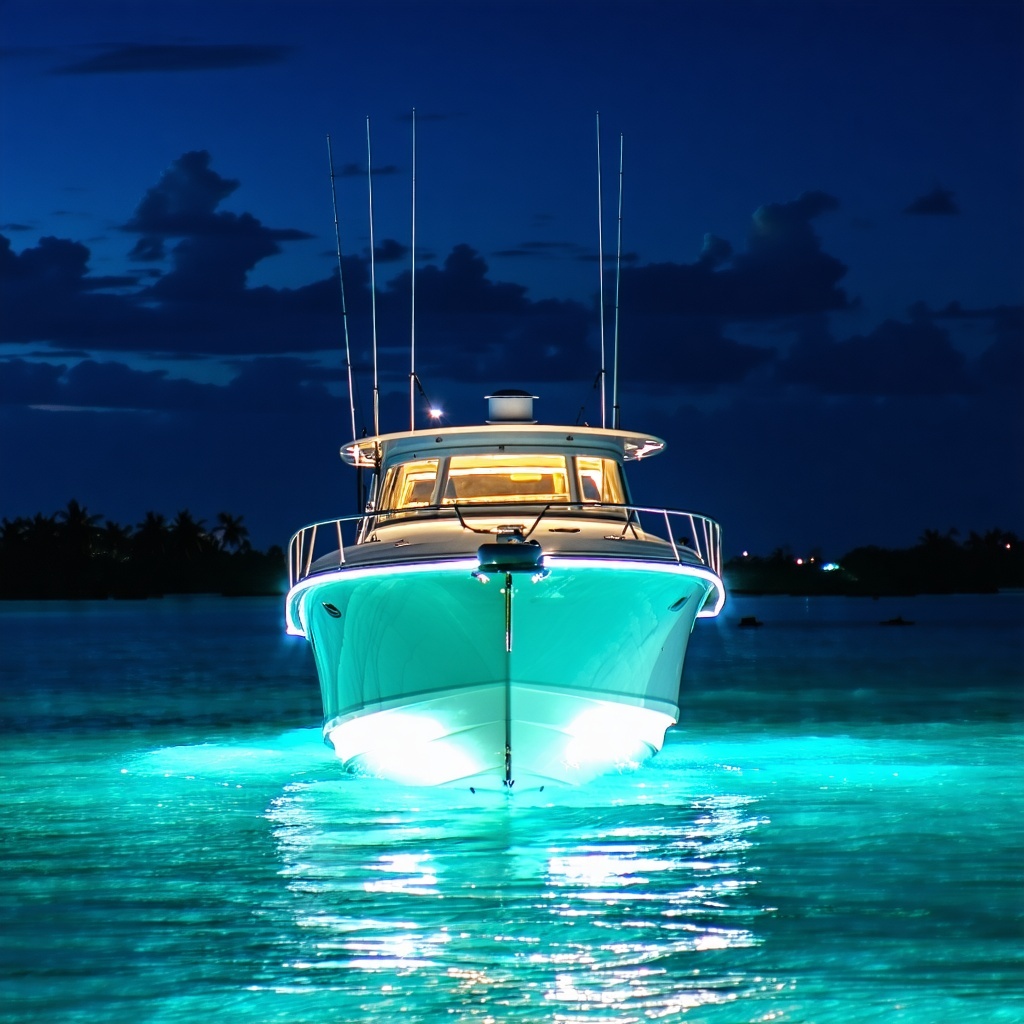 Underwater lights on a center console style boat in the Florida Keys at night-1 Underwater lights on a center console style boat in the Florida Keys at night-1