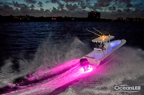 Fishing boat at speed showing pink LEDs