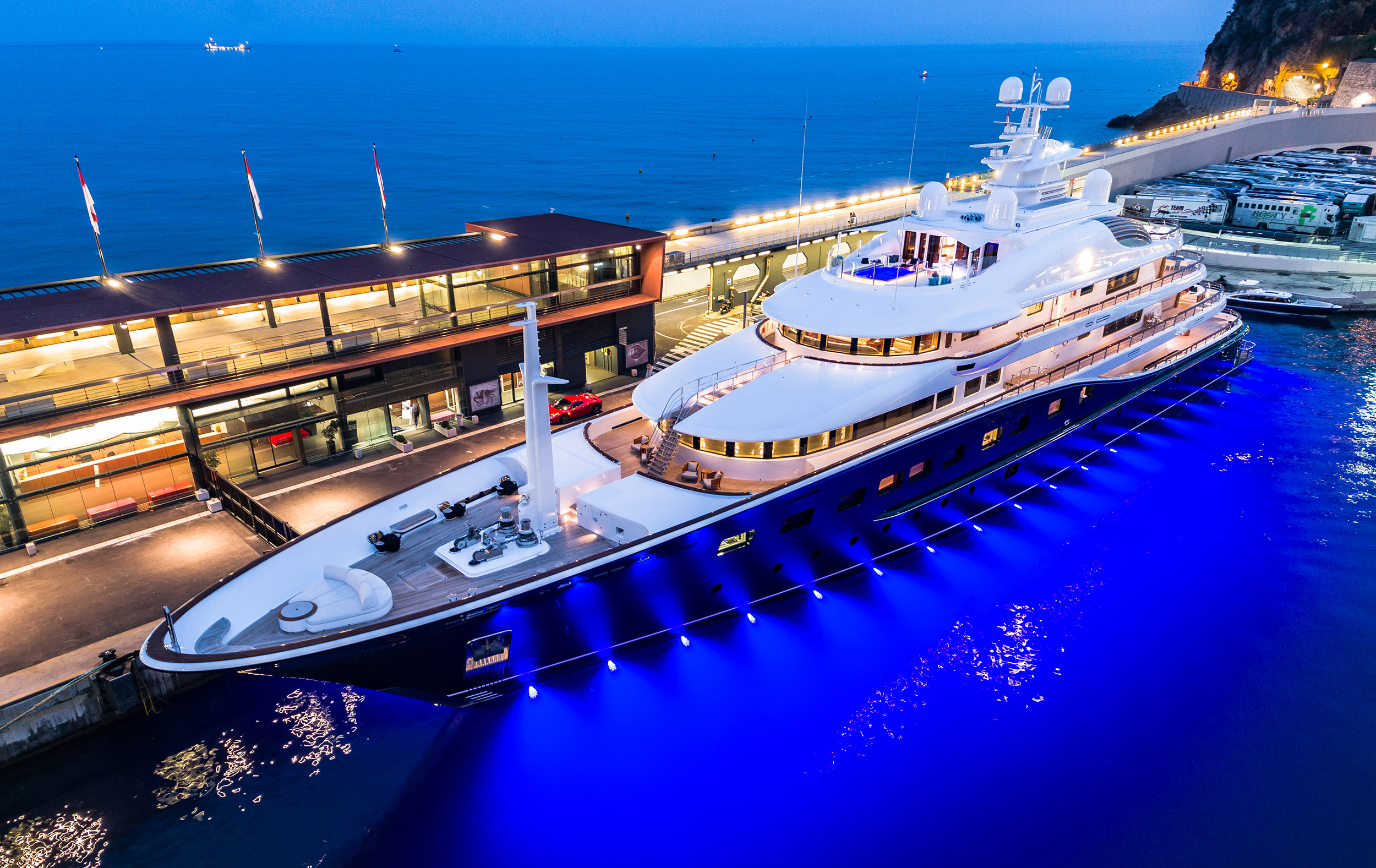 yacht with underwater lights